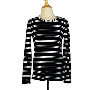 MASSIMO DUTTI Small Black White Striped Cotton Blend Ribbed Pullover Sweater